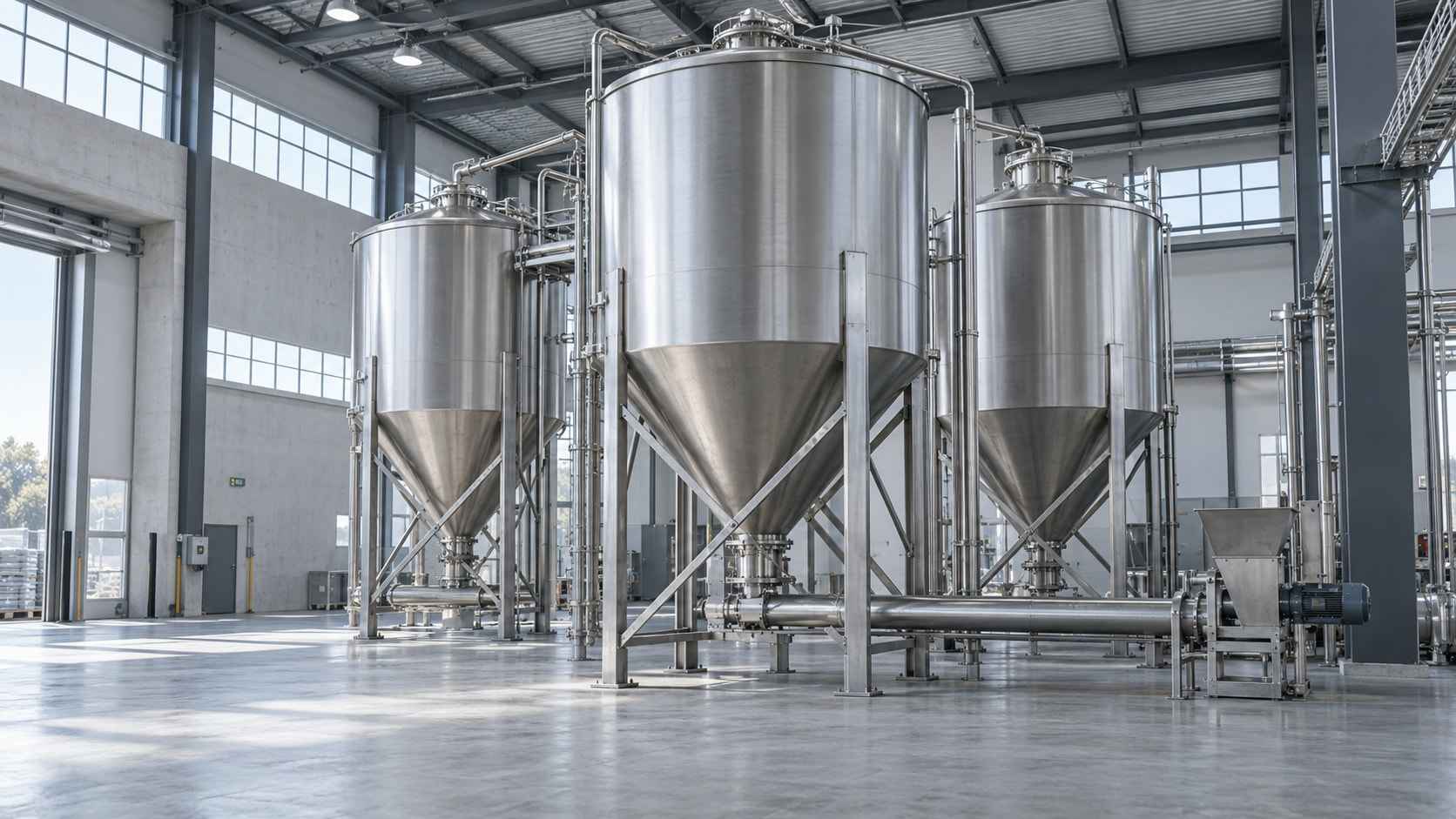 Concept production scene showing stainless steel silos and bulk solids equipment